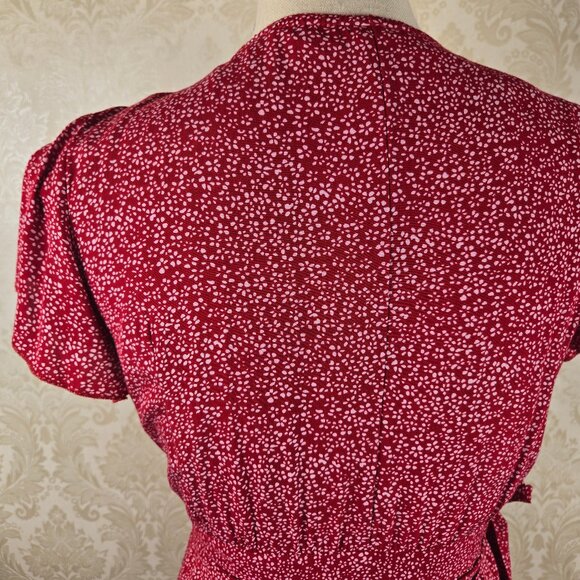 Unbranded Size Small Red White Floral Print Wrap Dress Self Tie Belt Ruffle Hem - Picture 11 of 15